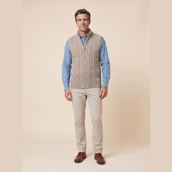 Men's cable knit sweater vest in khaki, front view