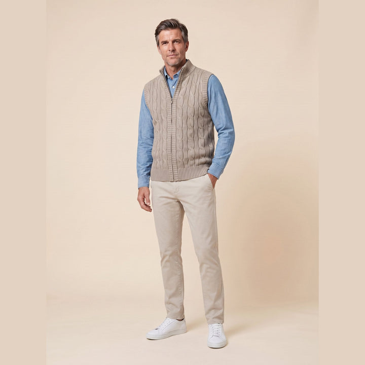 Men's cable knit sweater vest in khaki, front pose