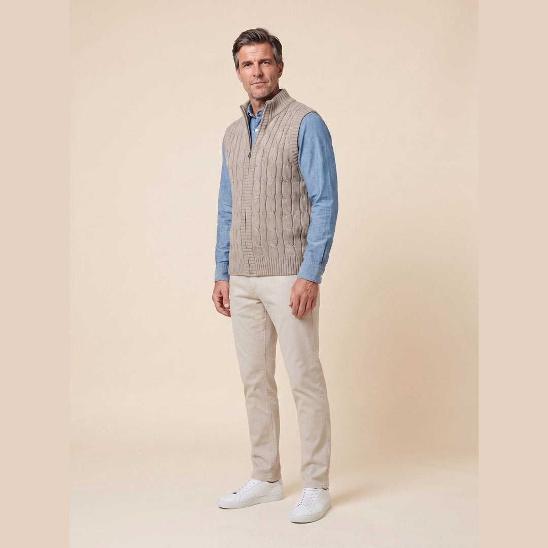Men's cable knit sweater vest in khaki, side view