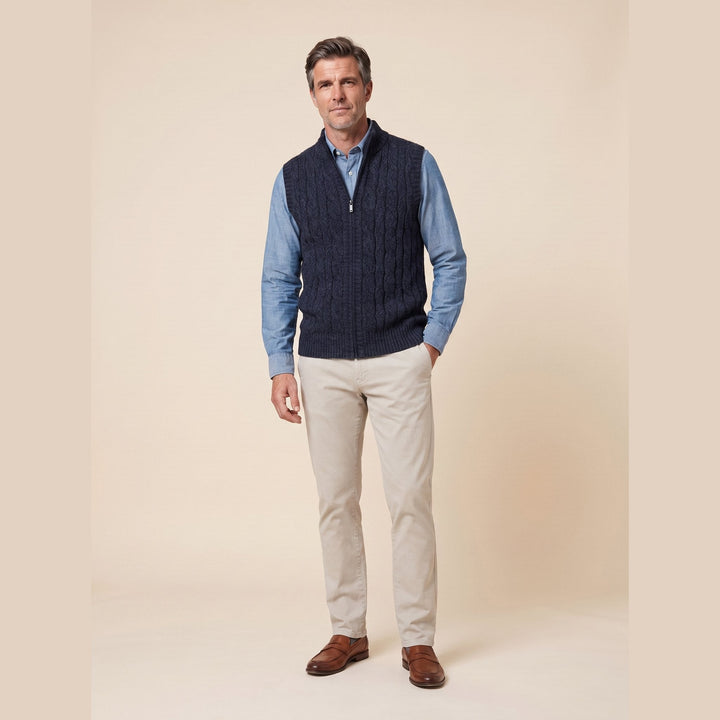 Men's cable knit sweater vest in navy blue, front view