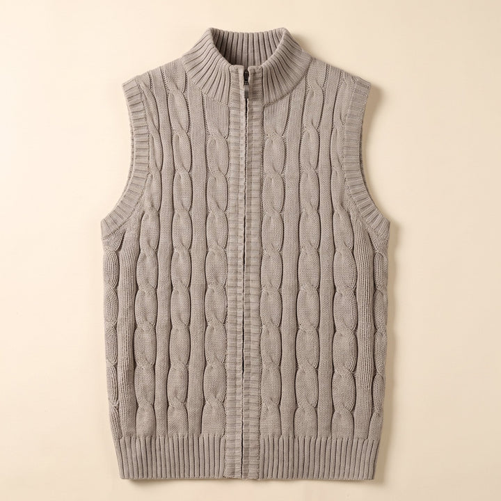 Men's cable knit sweater vest product flat lay