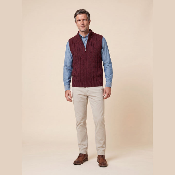 Men's cable knit sweater vest in red, front view