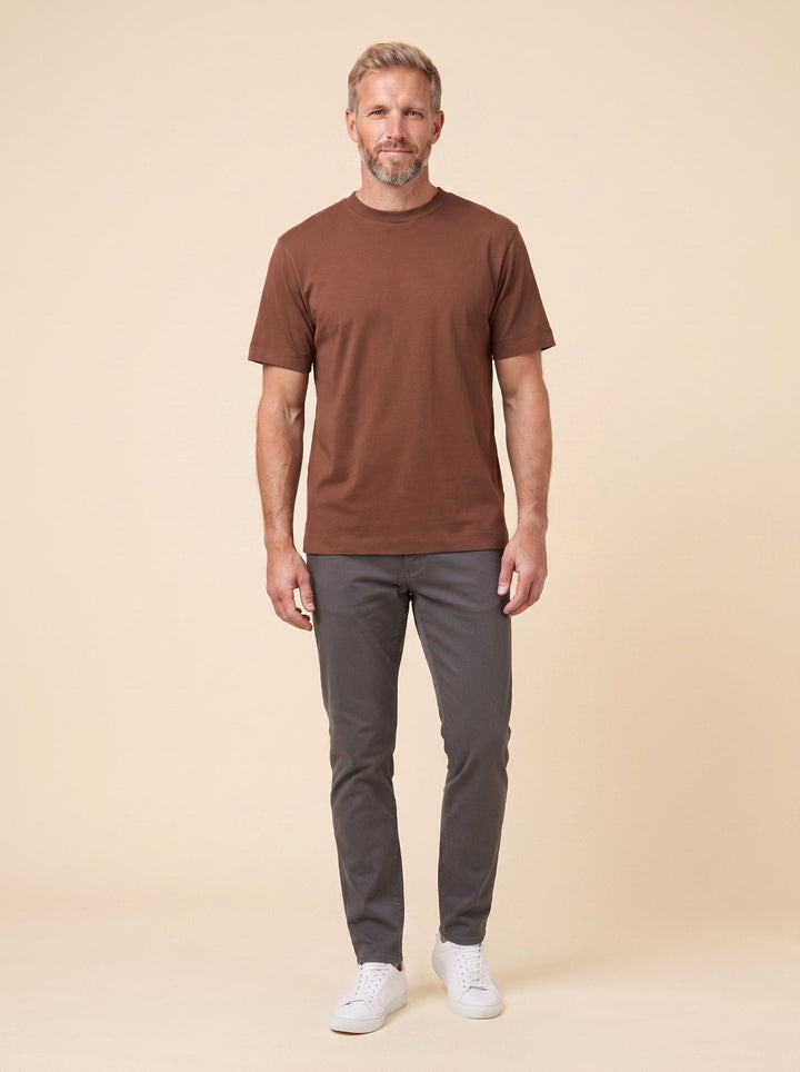 Caden oversized chestnut brown t-shirt front on model