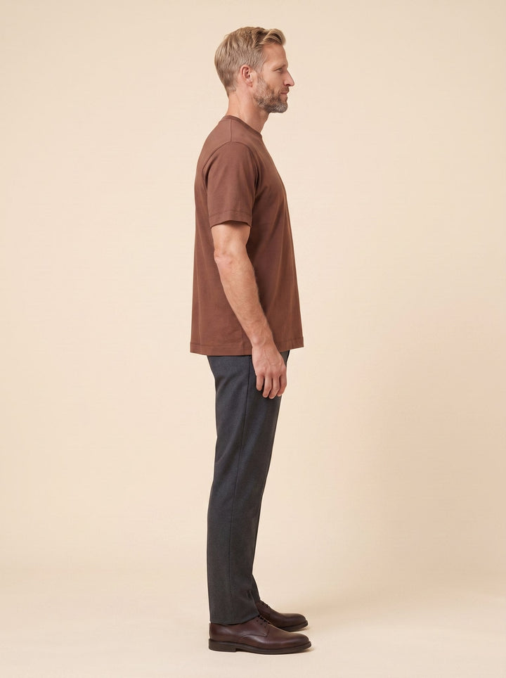 Caden oversized chestnut t-shirt side view on model