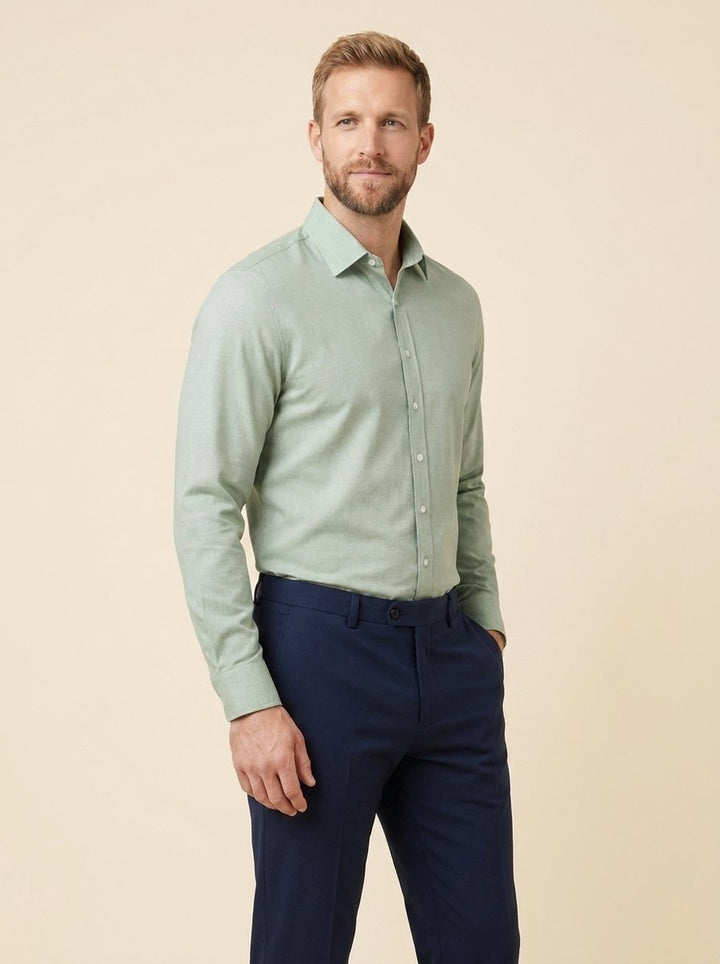 Callum men's shirt in green, worn untucked on model
