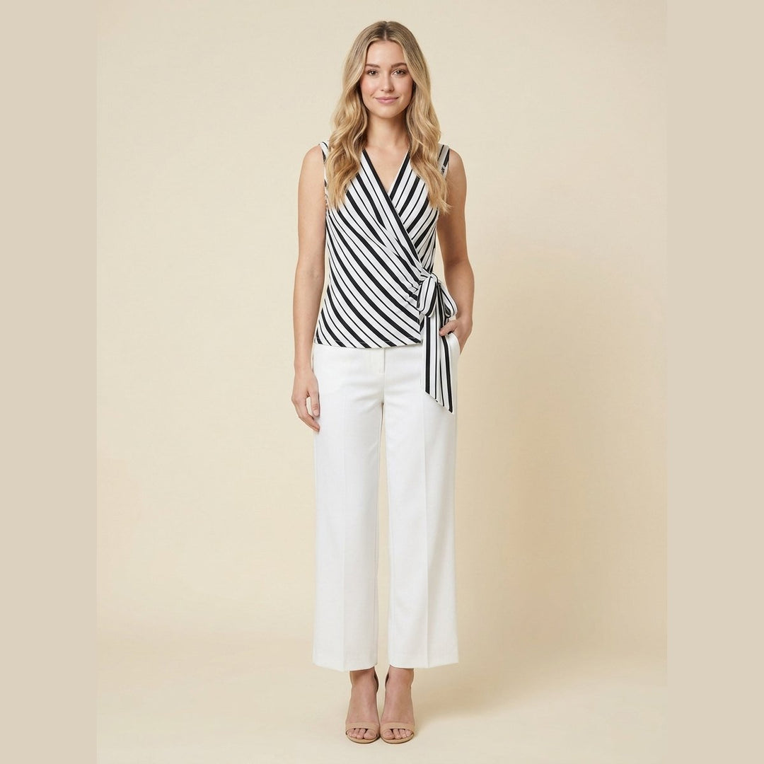 Capucine matching set in white, striped wrap top, front view