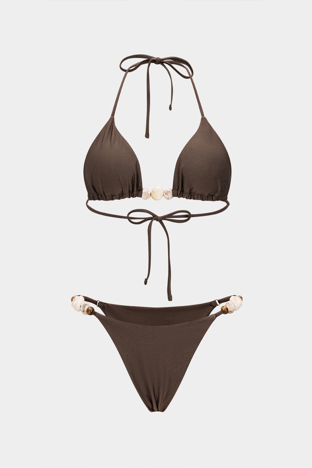 Cassis tie-up bikini set in brown opaque jersey, front view on model