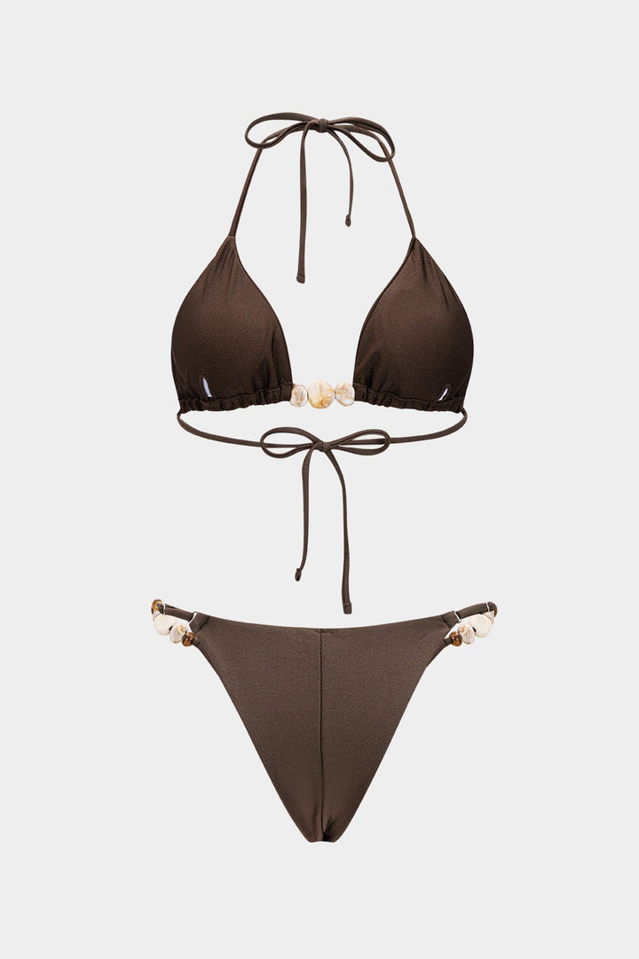 Cassis tie-up bikini set in brown, side view showing the tie fastenings