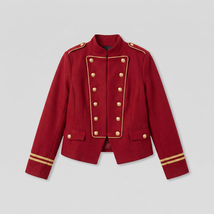 Velvet blazer flat-lay showing the gold button placket and structured shoulders