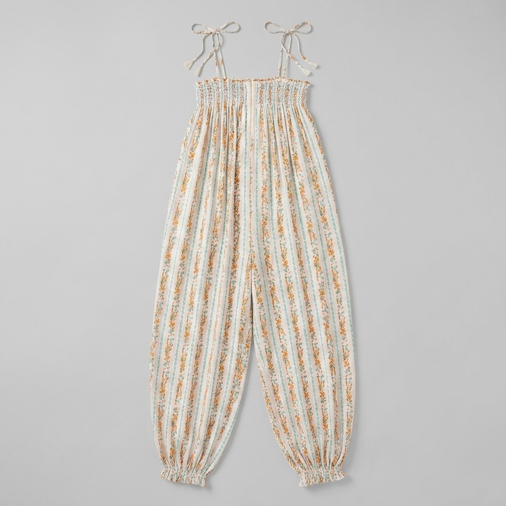 Wide-leg boho jumpsuit with tie straps, flat lay