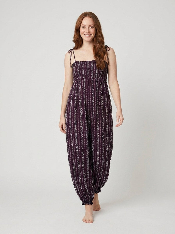 Purple wide-leg boho jumpsuit with tie straps, front view