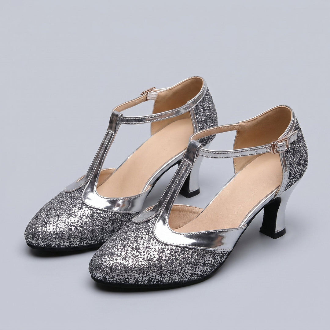 Chi T-strap dance heels silver gray