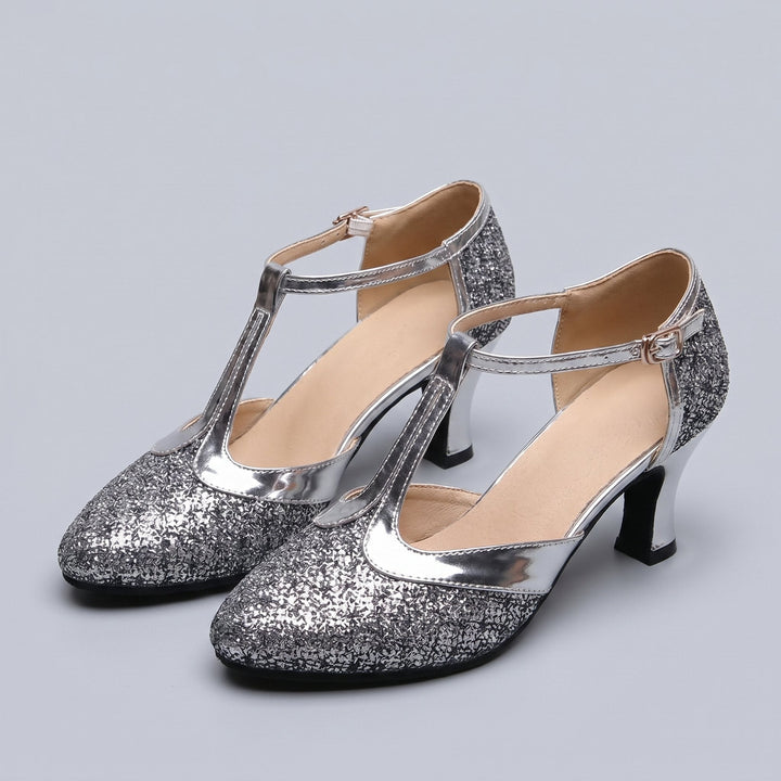 Chi T-strap dance heels silver gray