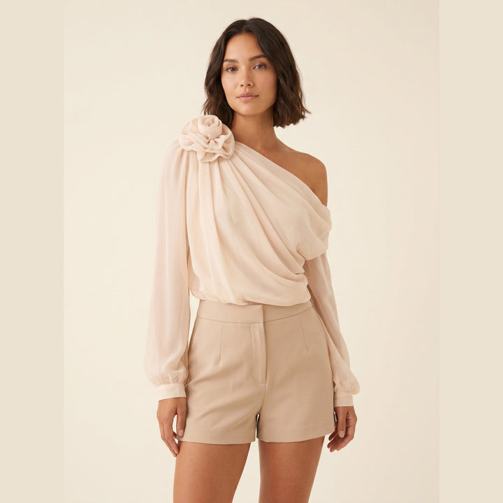 Chic one shoulder chiffon blouse apricot