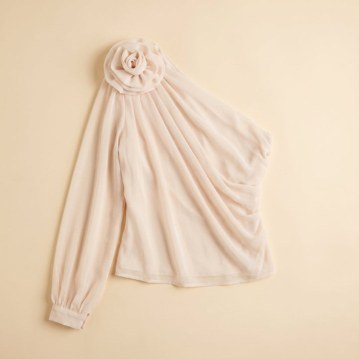 Chic one shoulder chiffon blouse flat lay