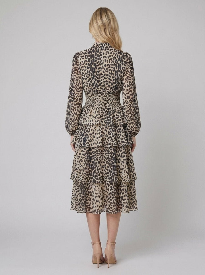 Chiffon leopard print midi dress back view on model