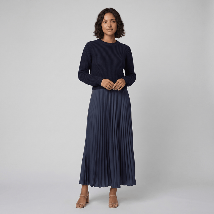 Clara blue knit pullover and pleated skirt set