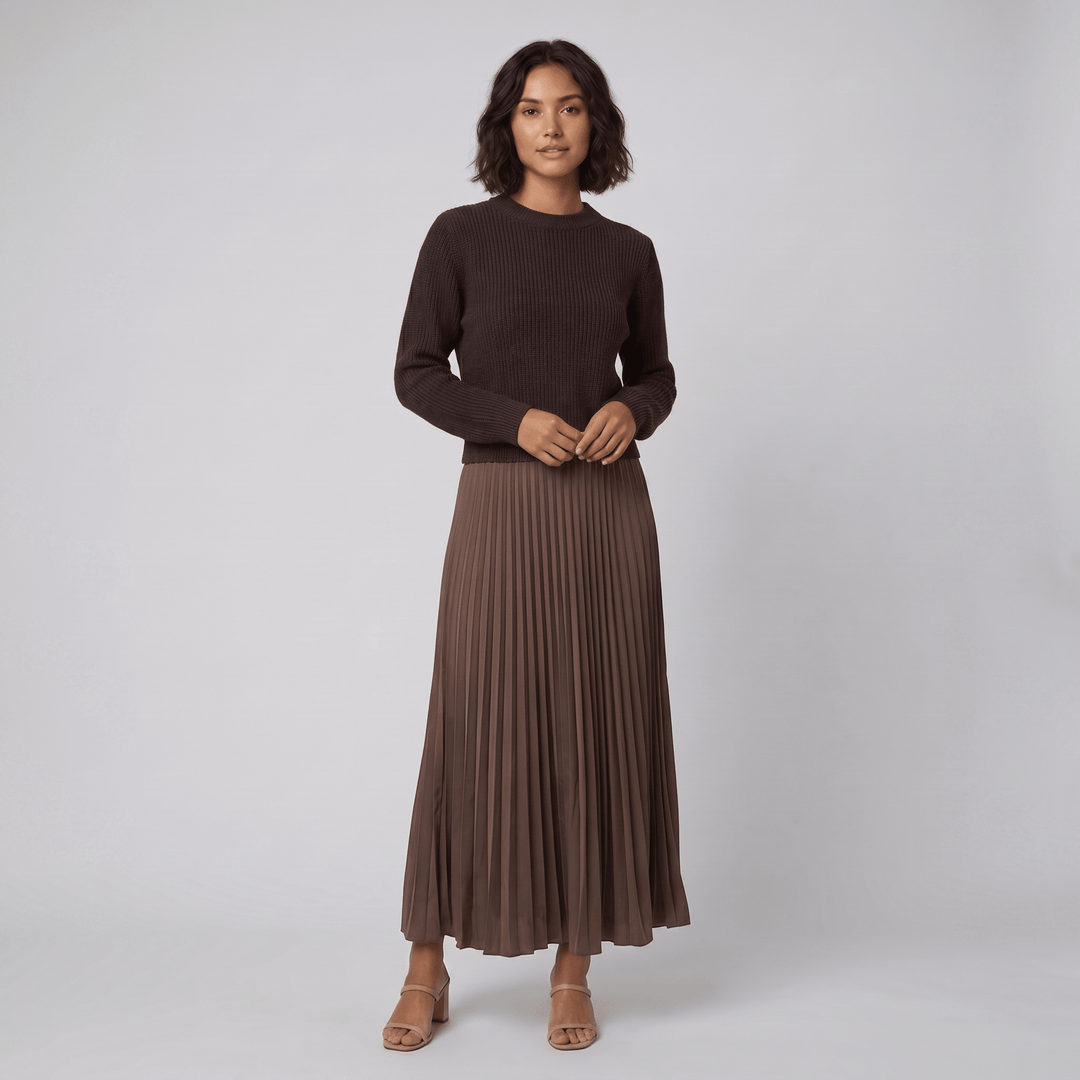 Clara brown knit pullover and pleated skirt set
