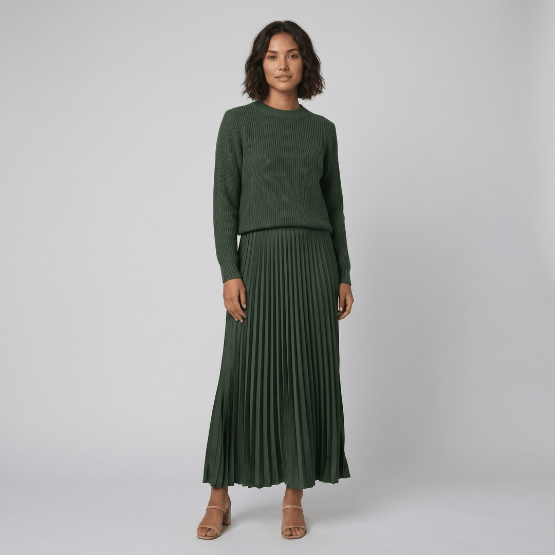 Clara green knit pullover and pleated skirt set