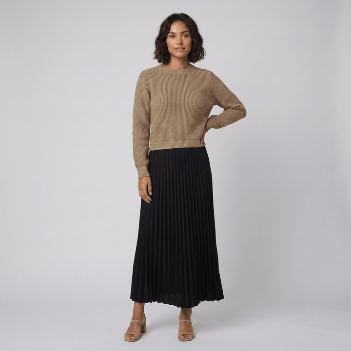 Clara khaki and black knit pullover and pleated skirt set