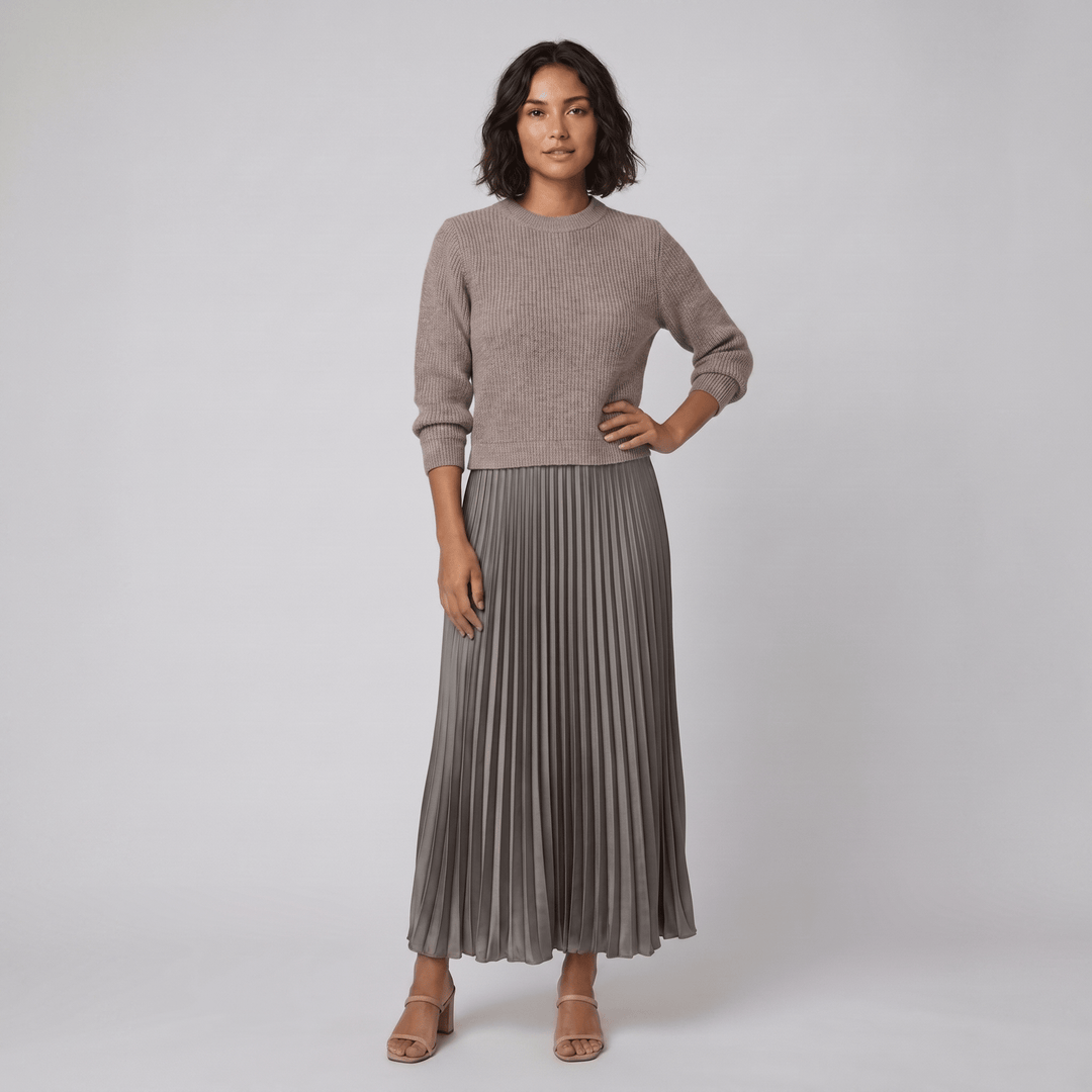Clara khaki knit pullover and pleated skirt set