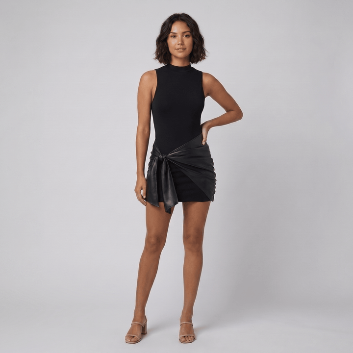 Colette black mock neck mini dress with faux leather wrap