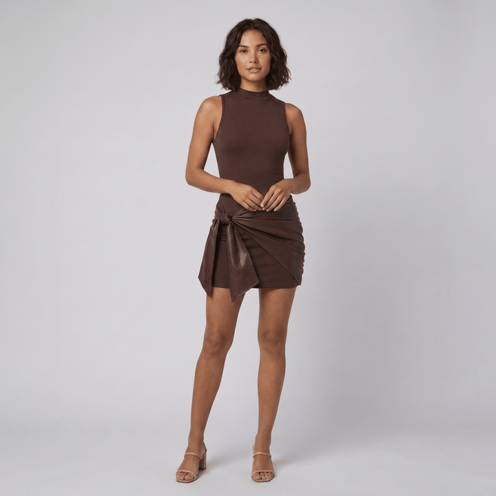 Colette brown mock neck mini dress with faux leather wrap