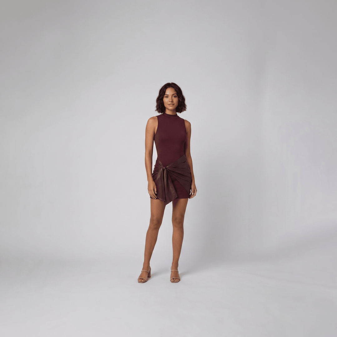 Colette burgundy mock neck mini dress with faux leather wrap