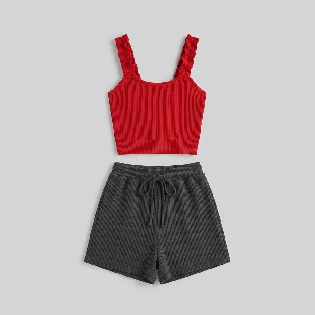 Coline red ribbed knit tank and skort set, flat lay