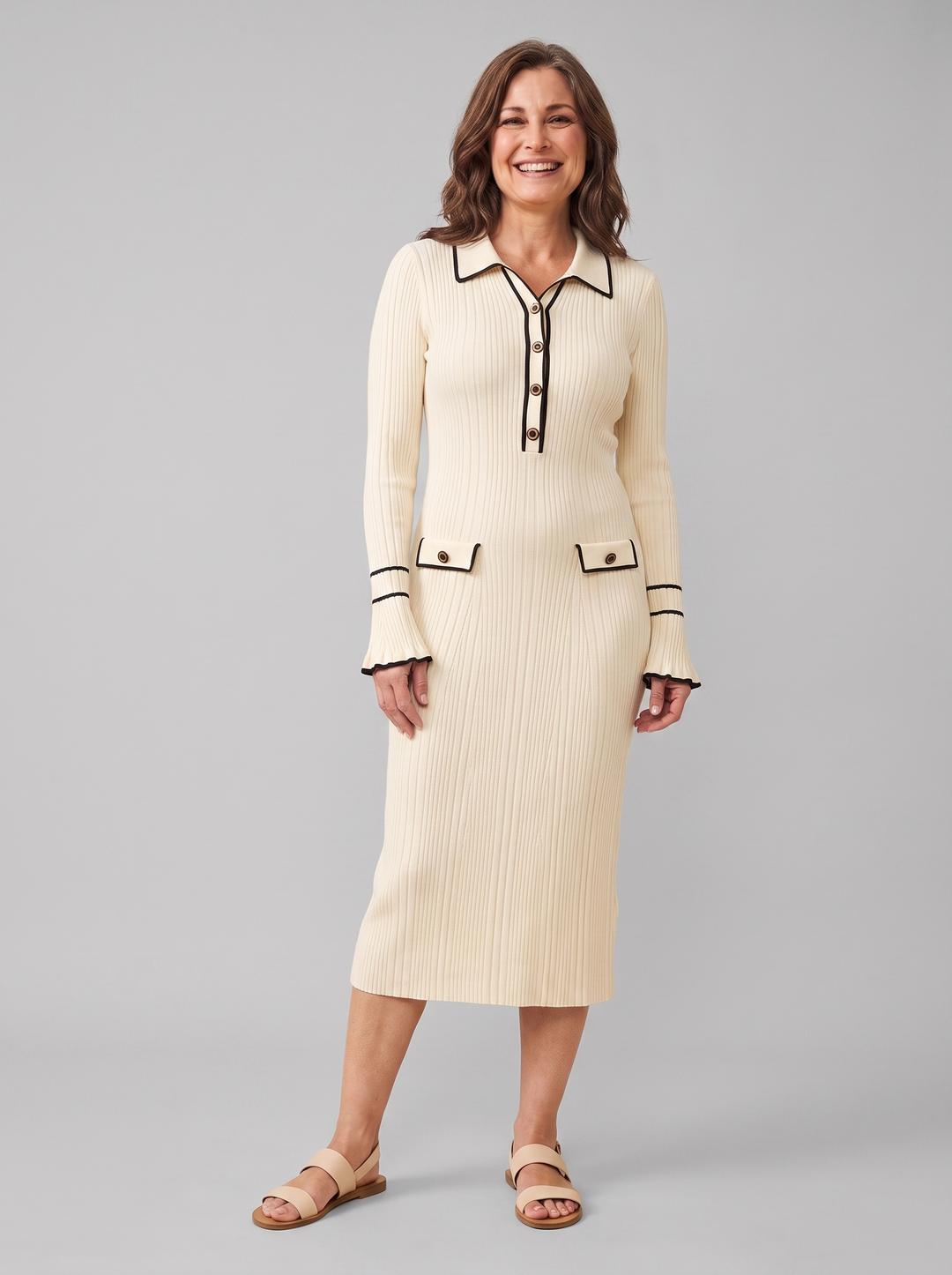 Constance ribbed midi dress ivory front on model