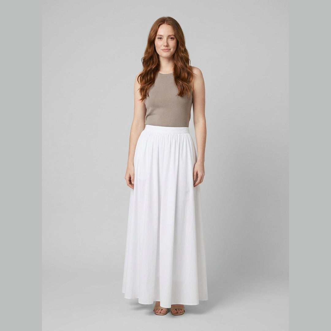 Cora white cotton maxi skirt, front view on model