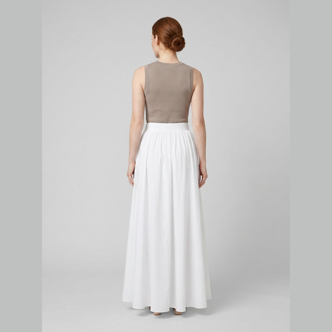 Cora white cotton maxi skirt, back view on model