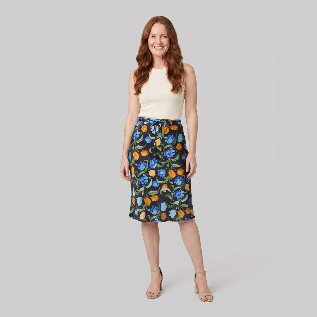 Cora navy tulip floral bias-cut midi skirt front