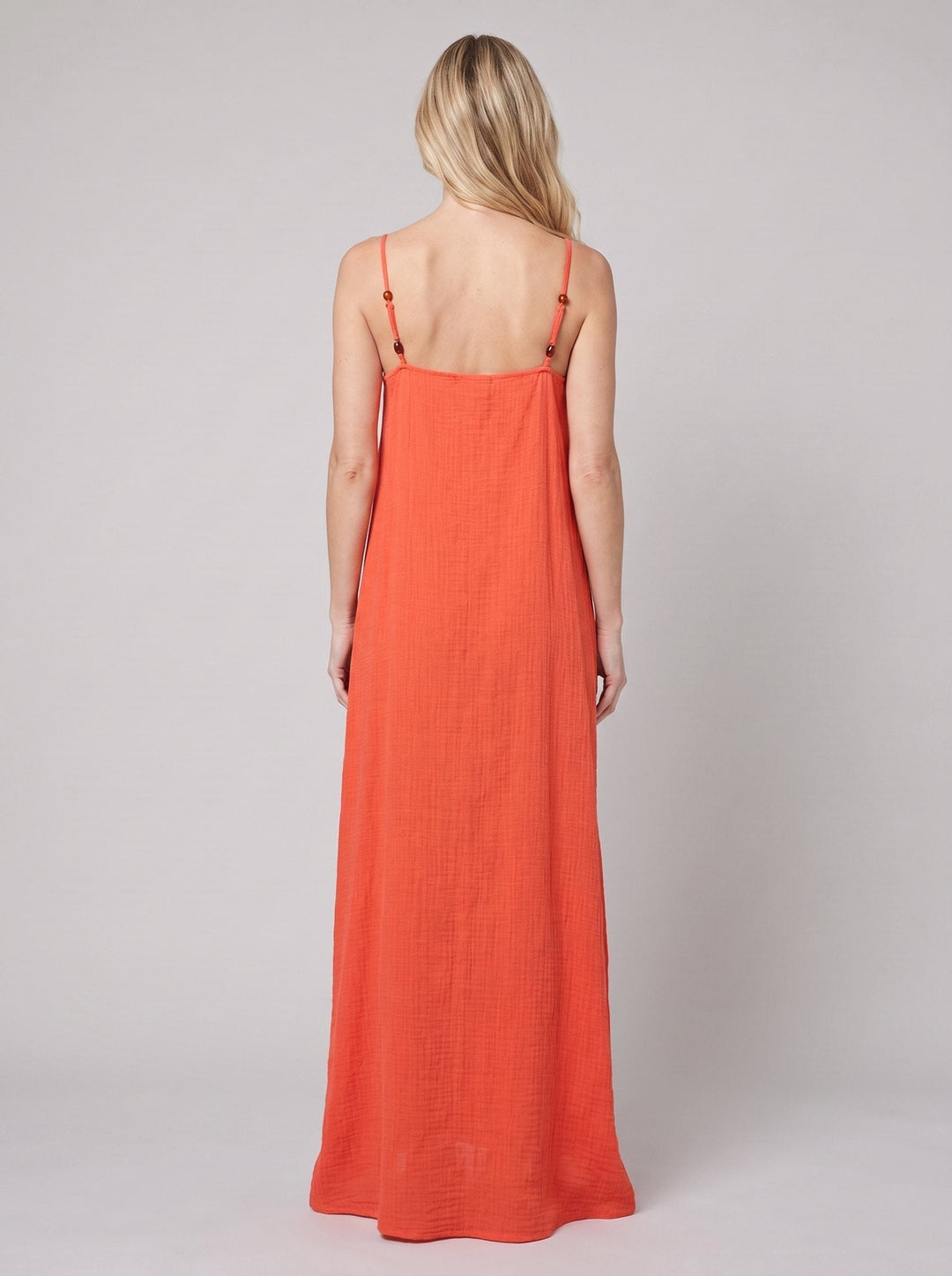 Flame beach cover-up, back view with straight neckline