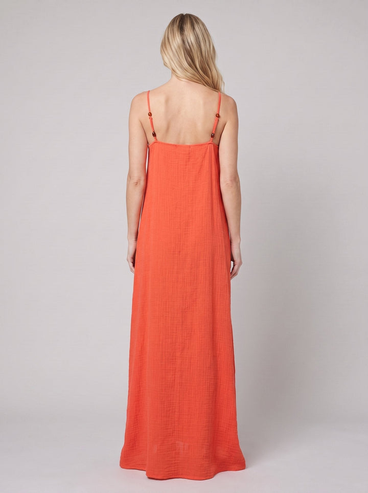 Flame beach cover-up, back view with straight neckline