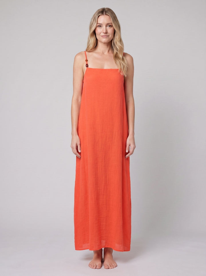 Flame cotton gauze beach cover-up, front view on model
