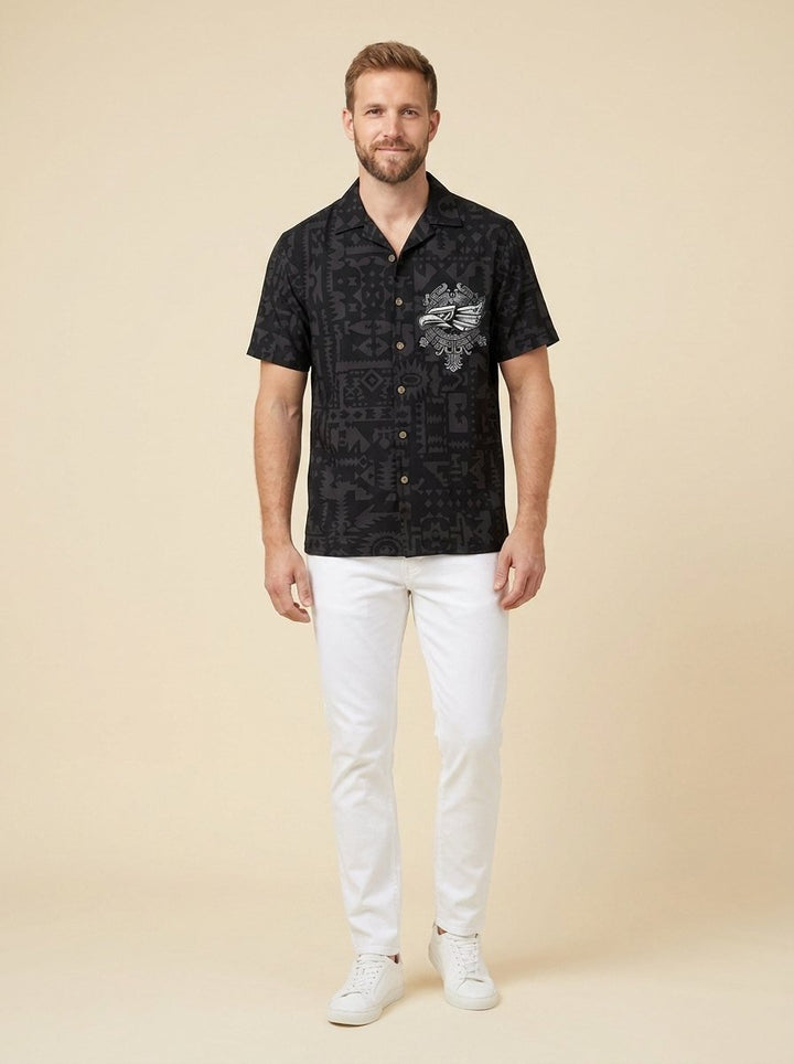 Corwin men's printed button-front shirt in black, front