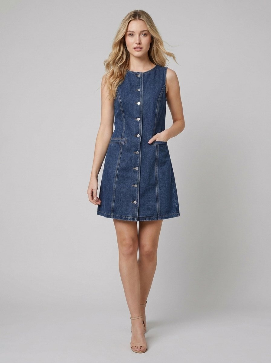 Daisy denim dress walking pose