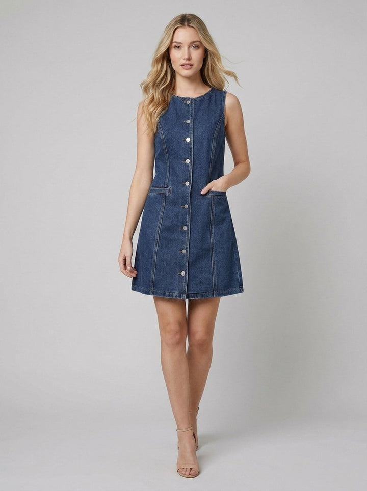 Daisy denim dress walking pose