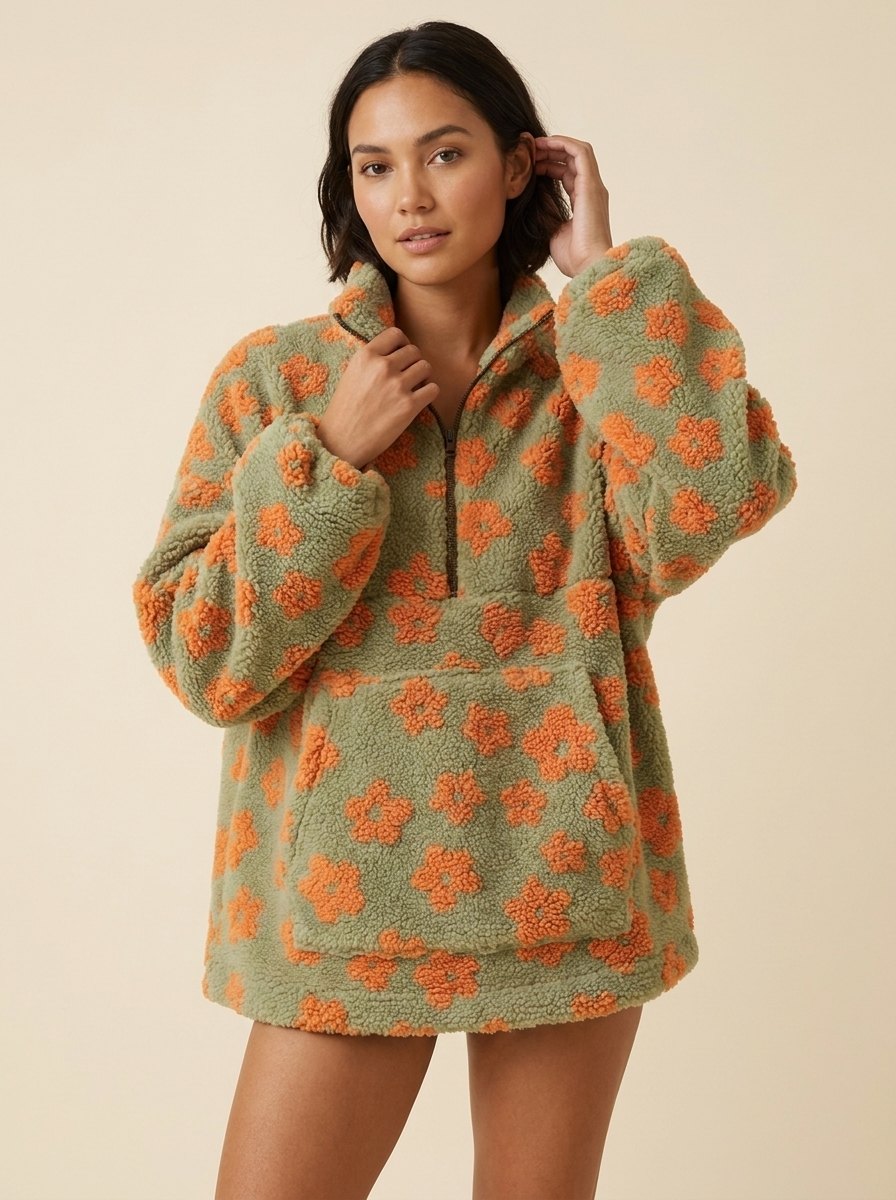 Daisy oversized sherpa sweater orange daisy print