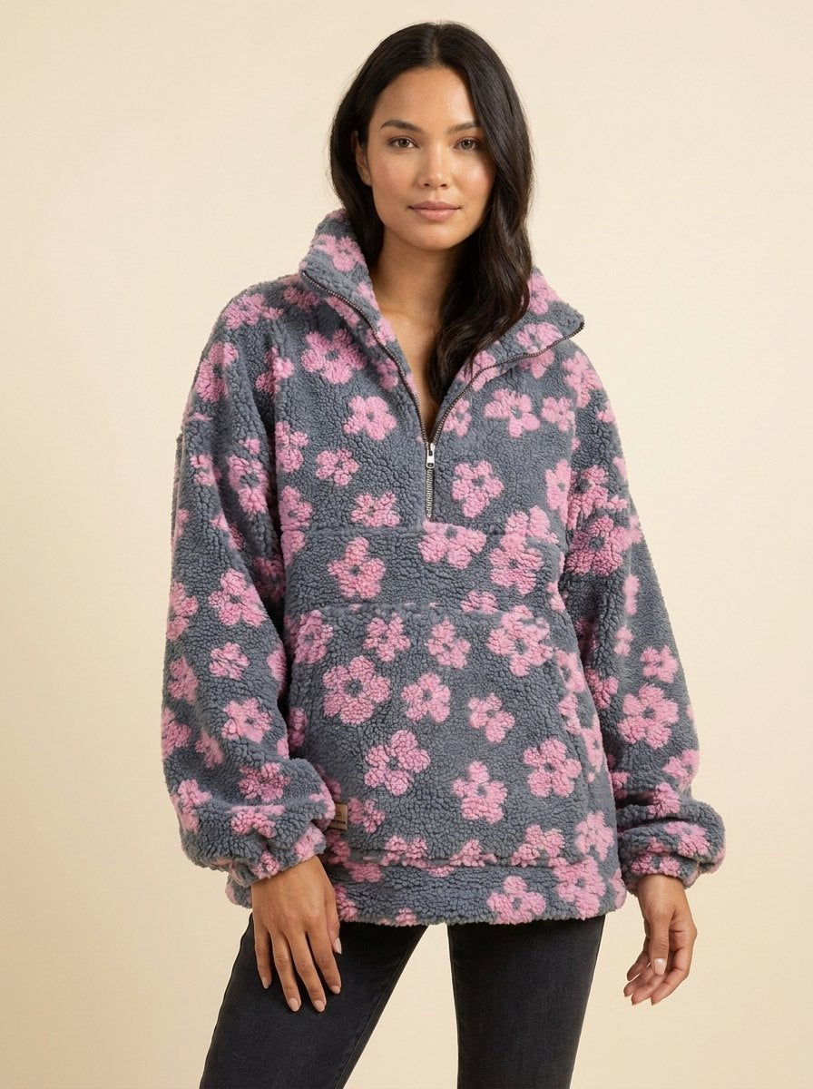 Daisy oversized sherpa sweater pink daisy print