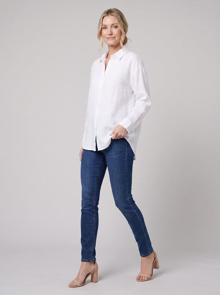 Dani white blouse three-quarter side view on model