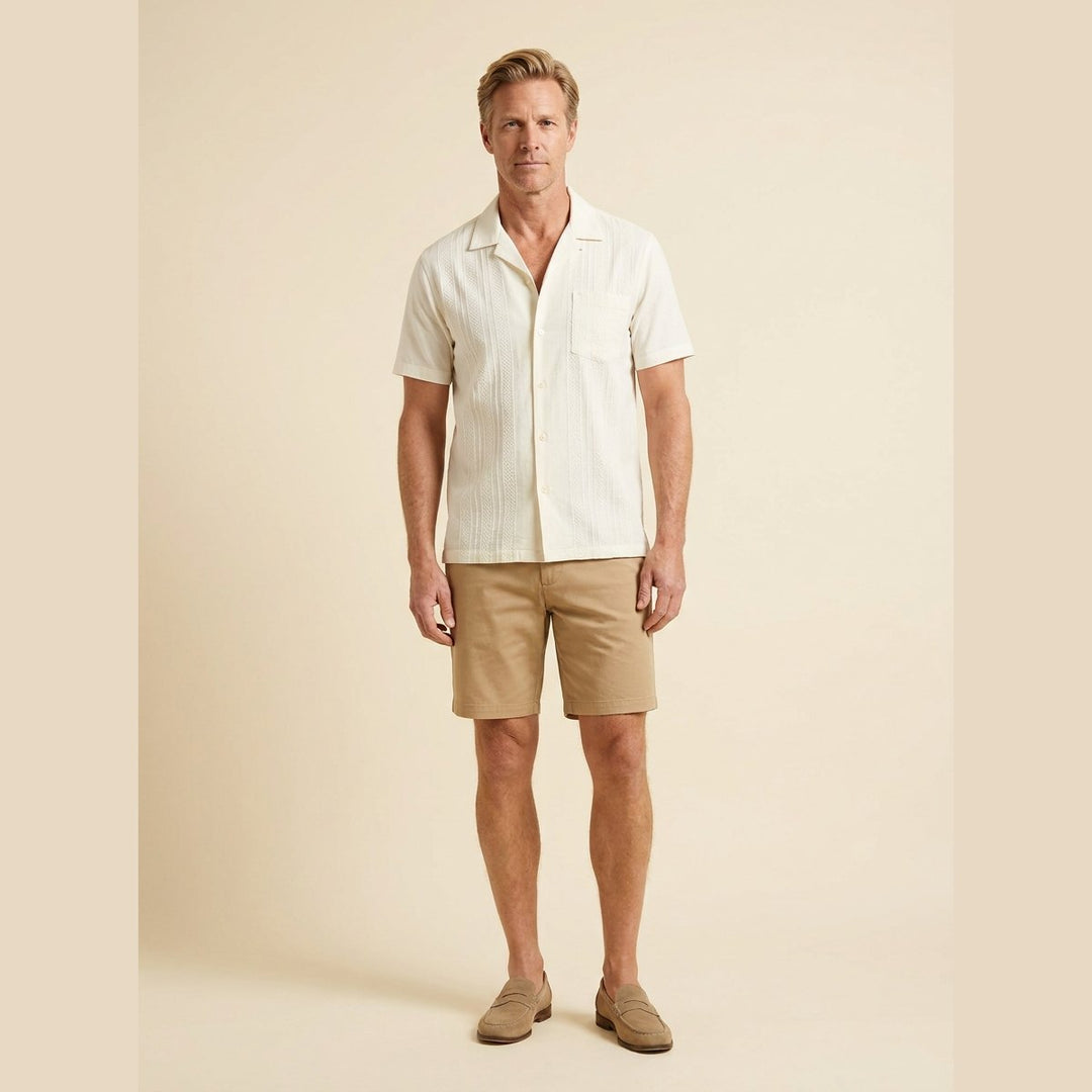 Daxon ivory embroidered stripe camp collar shirt front