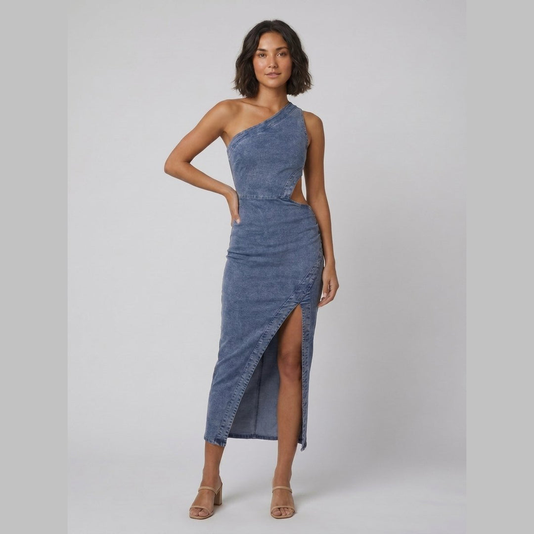 Dazzle denim one-shoulder midi dress steel blue on model