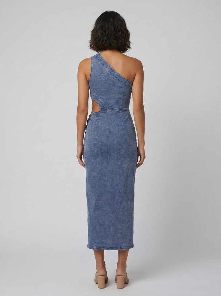 Dazzle denim one-shoulder dress back view