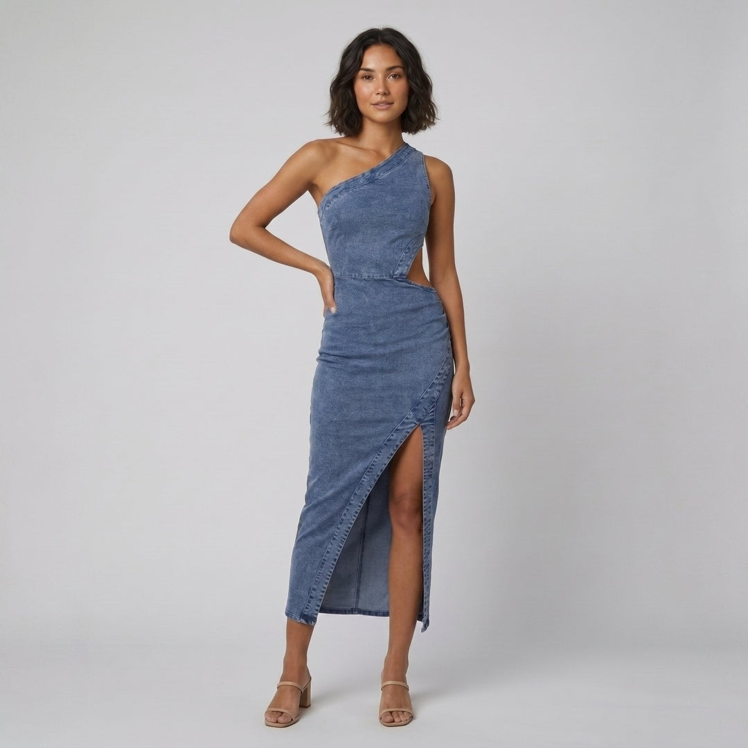 Dazzle denim one-shoulder cut-out midi dress front