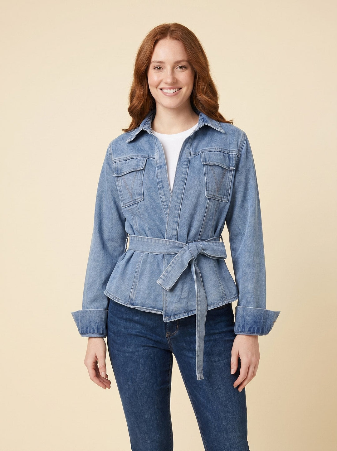 Denim tie-up long sleeve shirt blue front