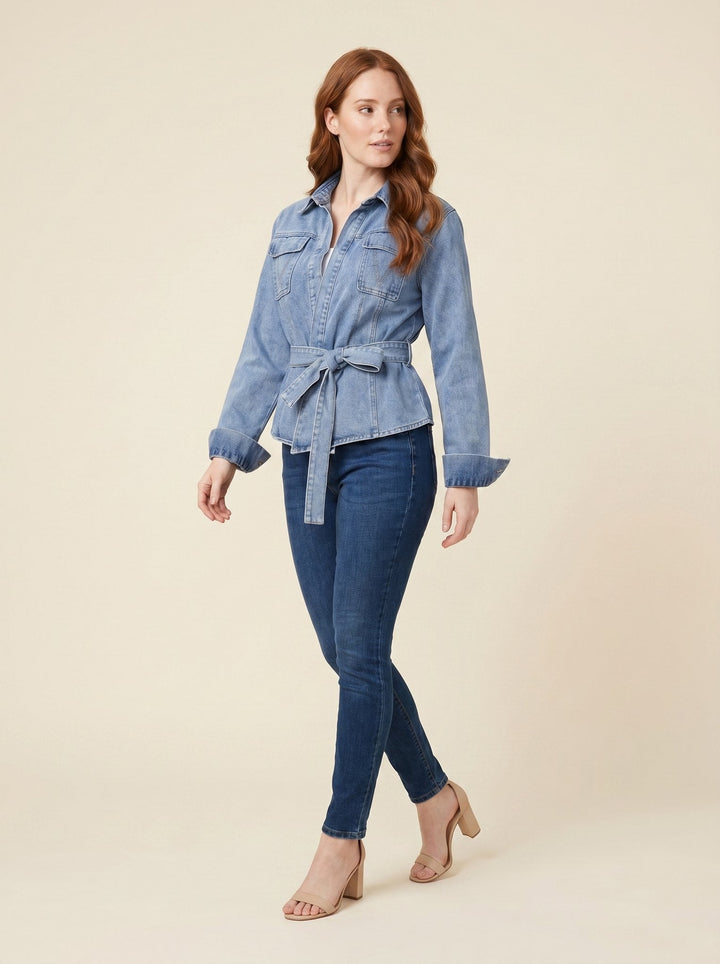 Denim tie-up long sleeve shirt blue pose