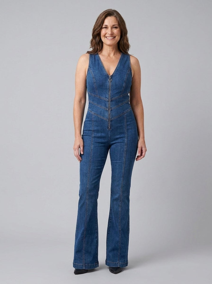 Diva blue denim V-neck flared jumpsuit, front