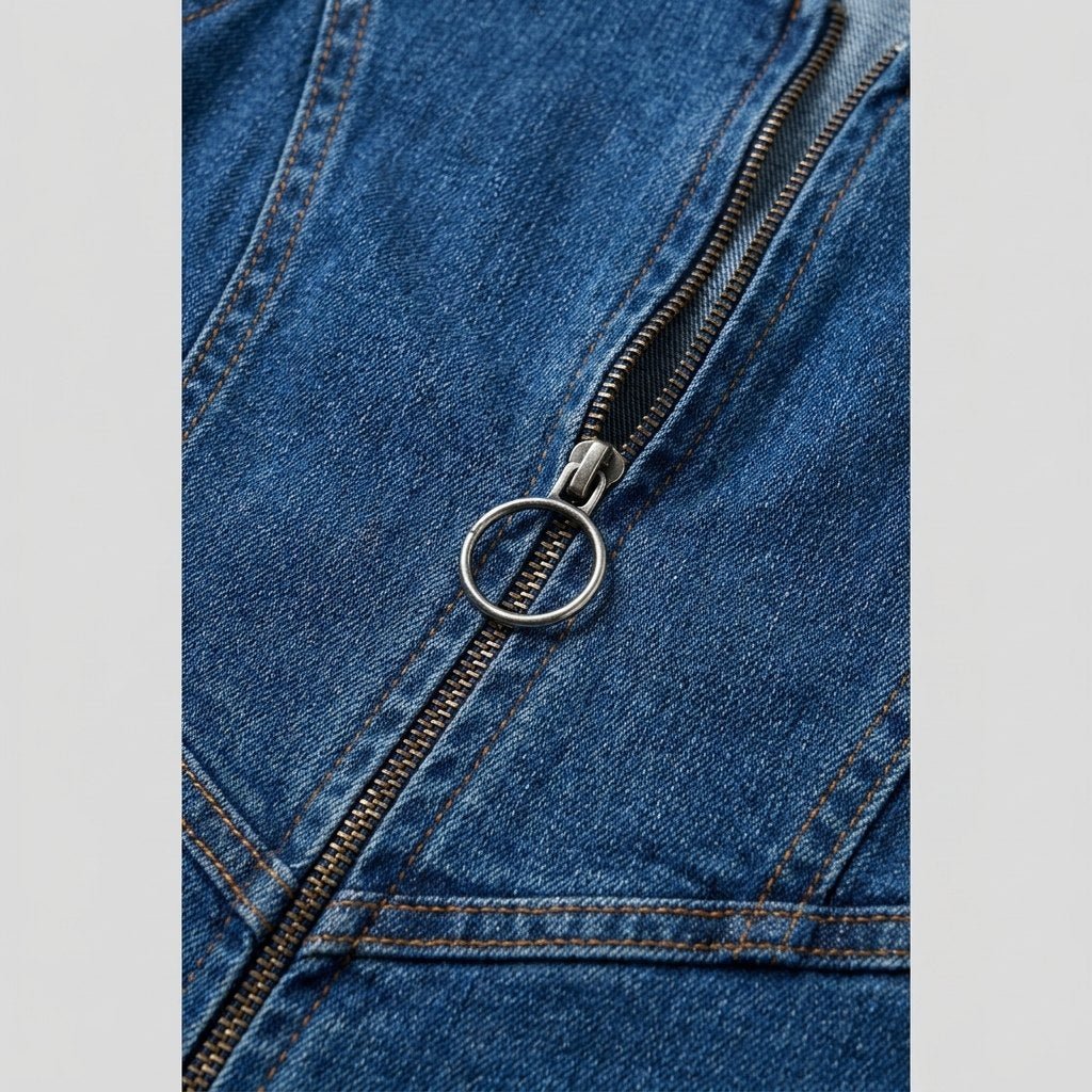 Diva denim jumpsuit denim and zip fabric close-up